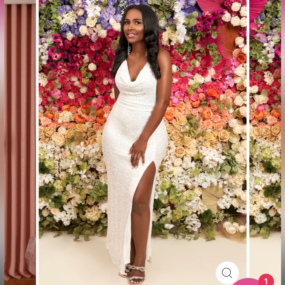 White Sequin Stretch Gown with Slit